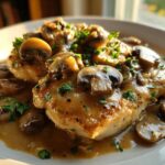 Close-up of two golden chicken breasts smothered in a rich, creamy sauce and topped with sliced mushrooms for chicken marsala.