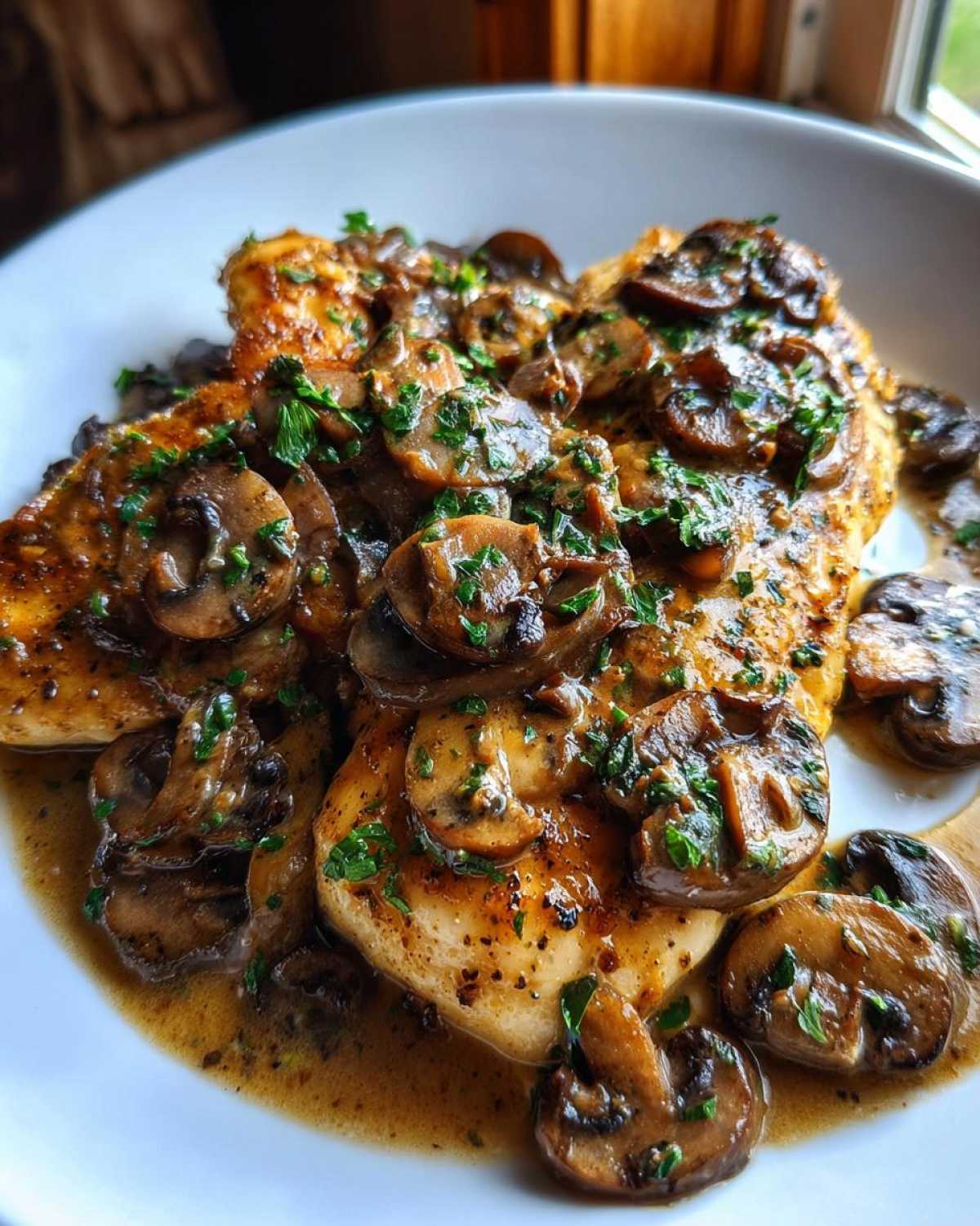 Close-up of creamy chicken marsala featuring pan-seared chicken breasts topped with rich mushroom sauce and fresh parsley.