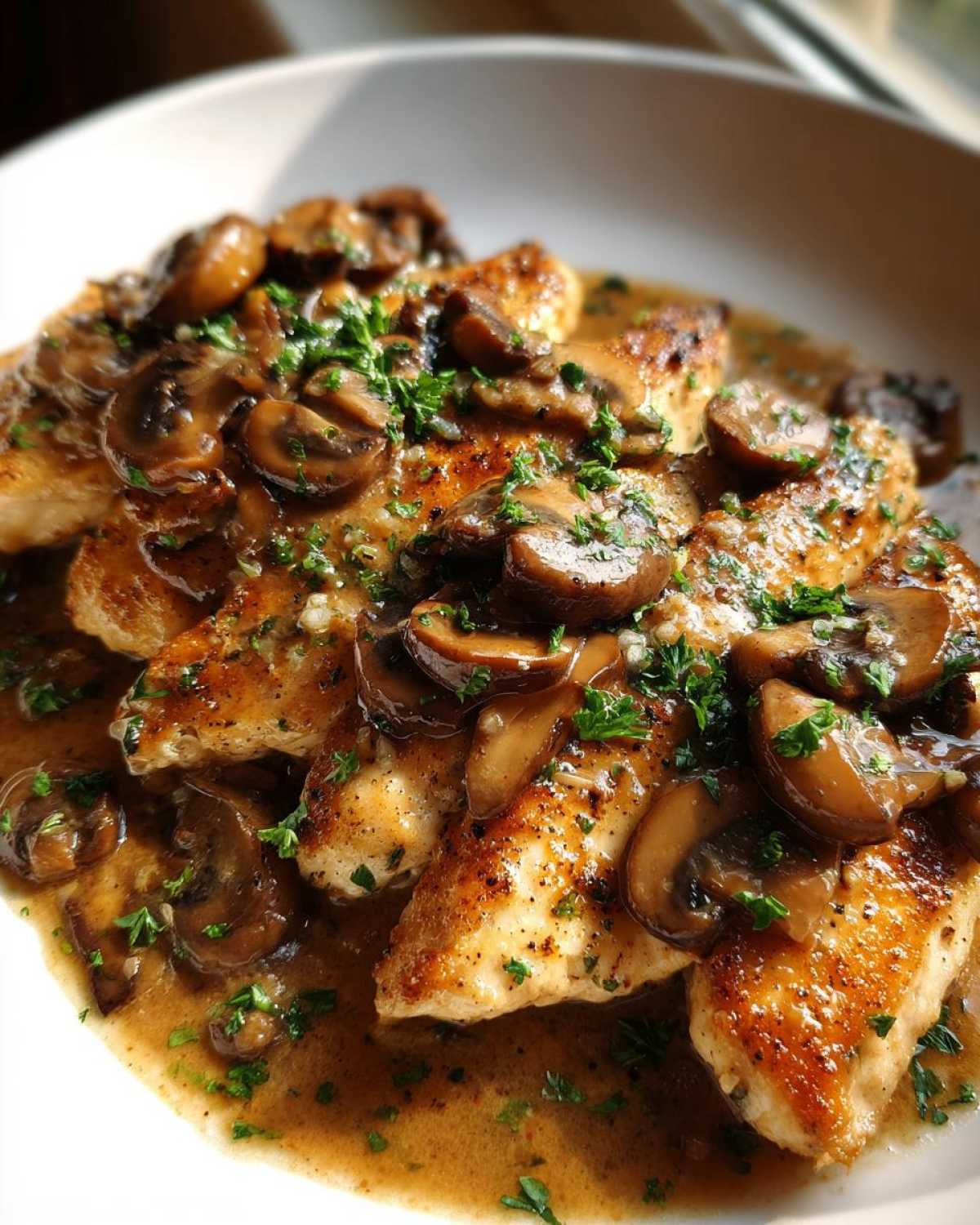 Close-up of pan-seared chicken breasts smothered in a rich sauce with sliced mushrooms, classic chicken marsala.