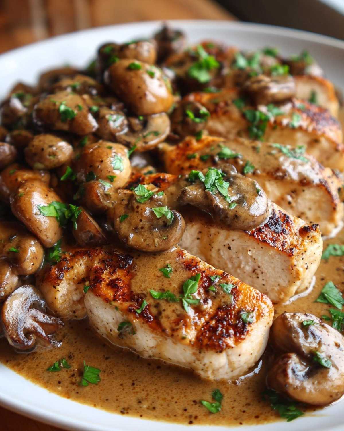 Close-up of seared chicken breasts covered in creamy mushroom sauce, a classic Chicken Marsala dish.
