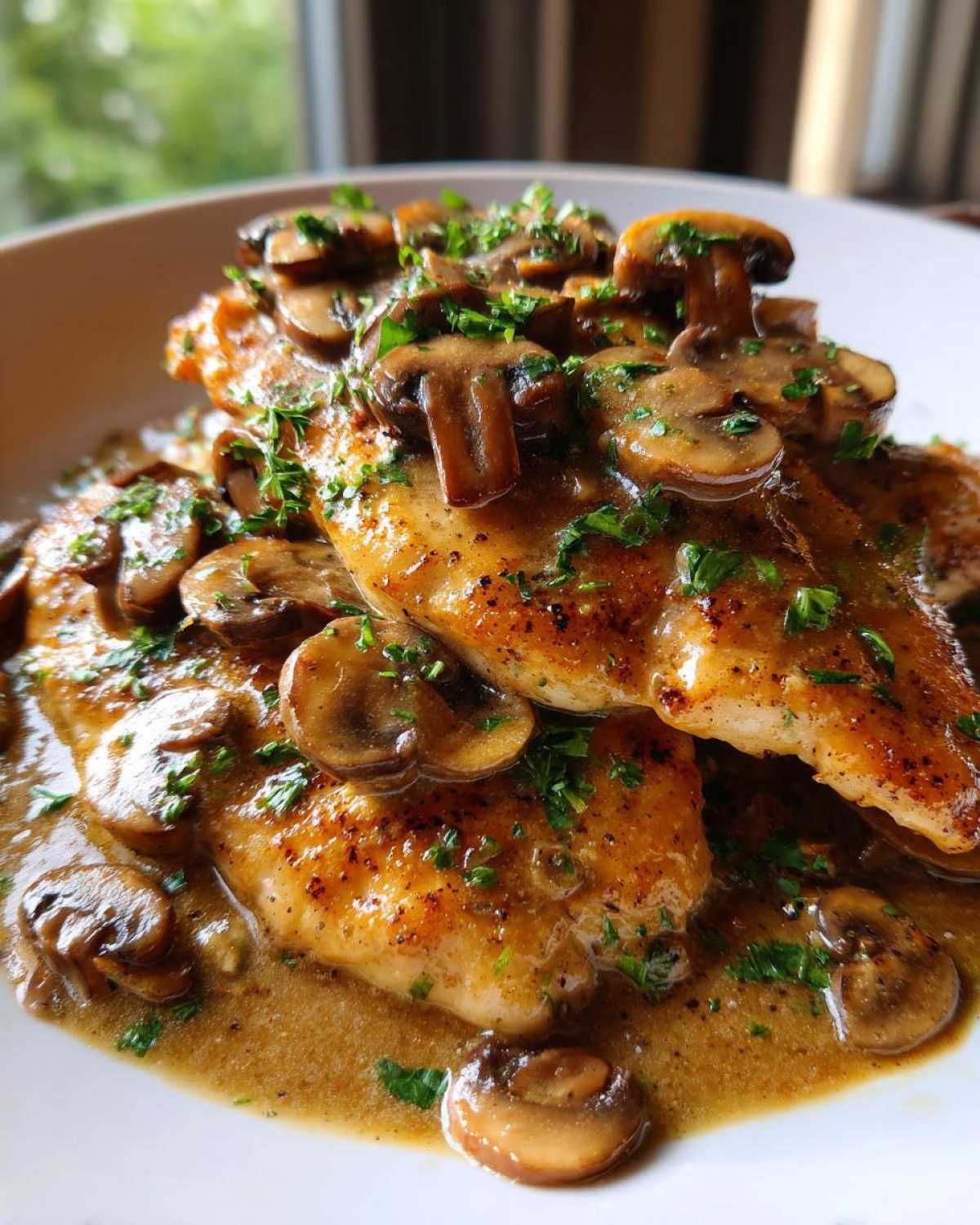 Close-up of creamy chicken marsala featuring pan-seared chicken breasts topped with rich mushroom sauce and fresh parsley.