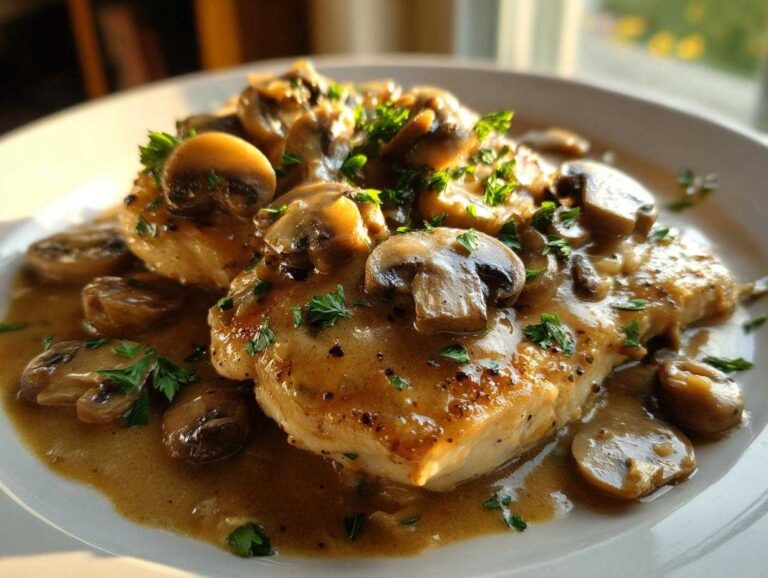 Close-up of two golden chicken breasts smothered in a rich, creamy sauce and topped with sliced mushrooms for chicken marsala.