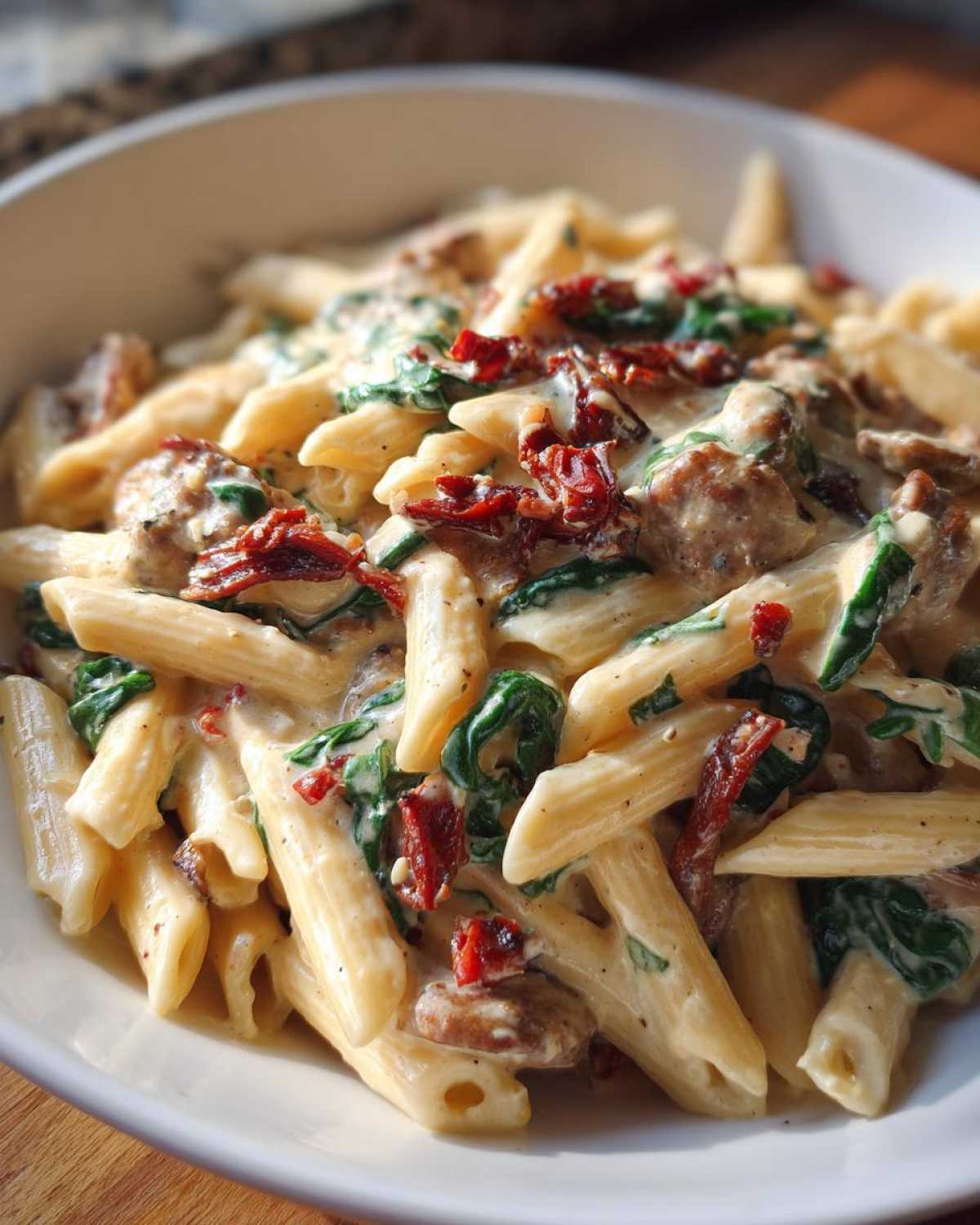 Close-up of creamy chicken sausage pasta featuring penne, spinach, and sun-dried tomatoes.