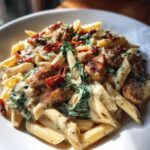 Close-up of creamy chicken sausage pasta featuring penne, browned sausage pieces, spinach, and sun-dried tomatoes.