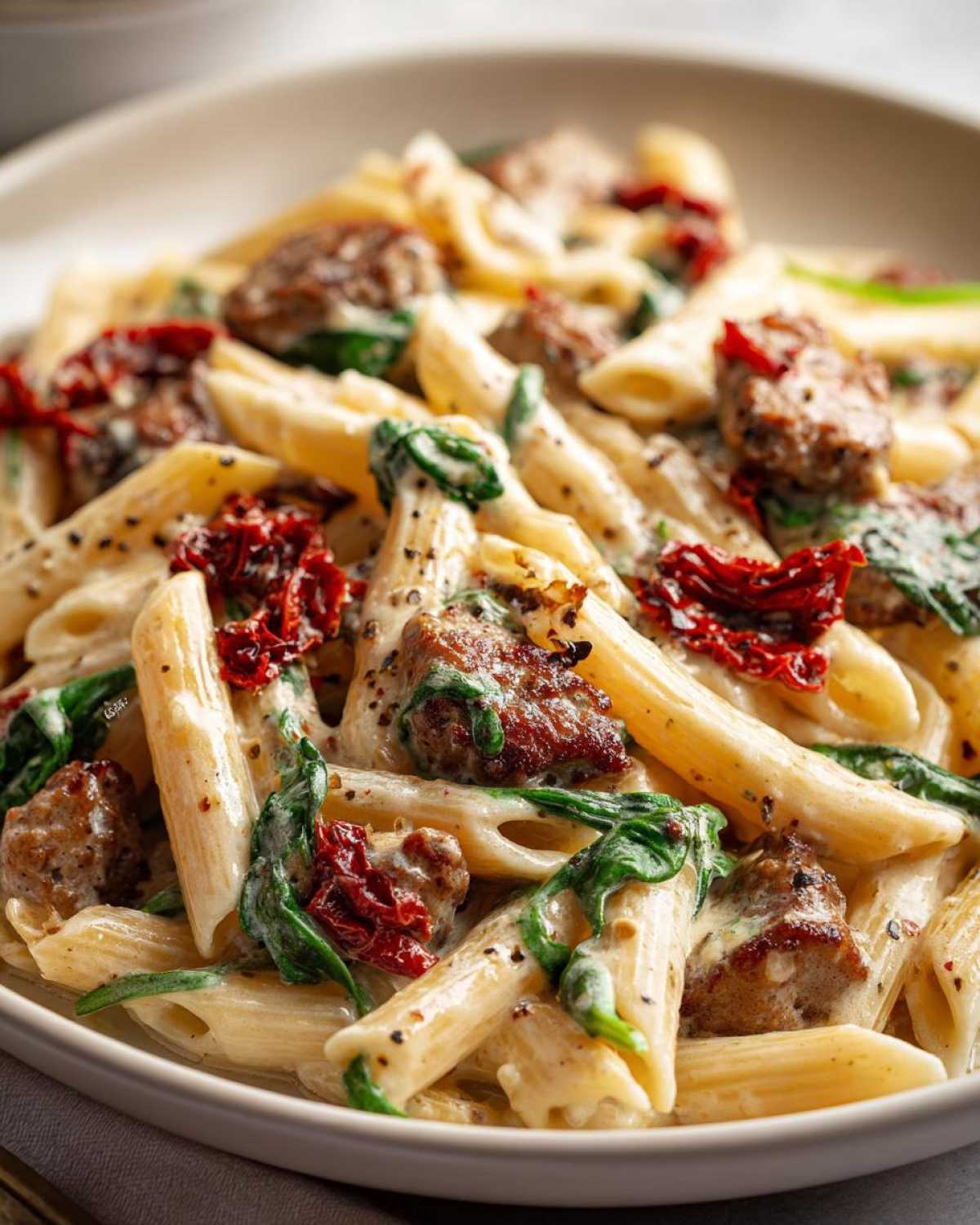 Close-up of creamy chicken sausage pasta featuring penne, browned sausage pieces, spinach, and sun-dried tomatoes.