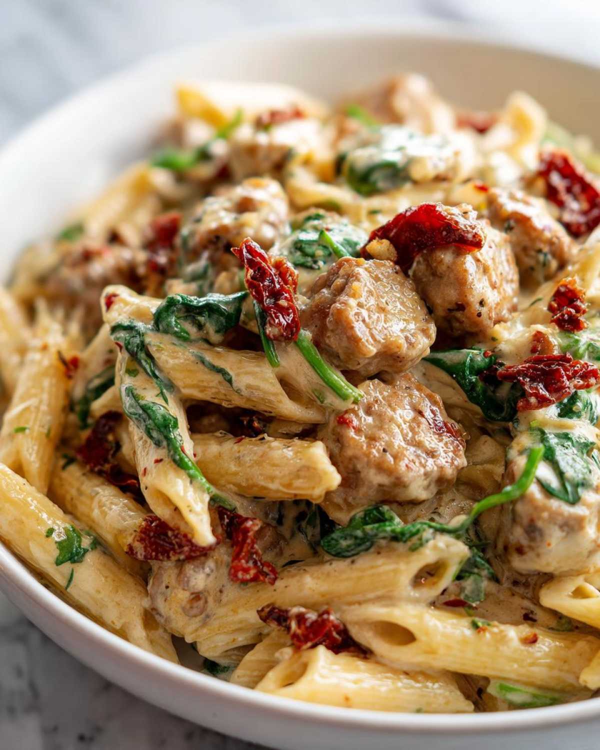 Close-up of creamy chicken sausage pasta featuring penne, chunks of sausage, spinach, and sun-dried tomatoes in a white bowl.