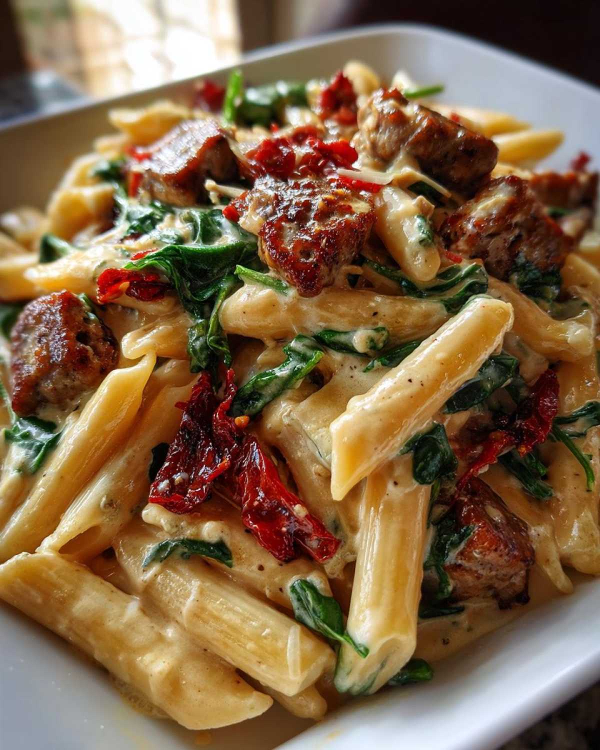 Close-up of creamy chicken sausage pasta featuring penne, browned sausage pieces, wilted spinach, and sun-dried tomatoes.