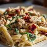 Close-up of creamy chicken sausage pasta featuring penne, chunks of sausage, spinach, and sun-dried tomatoes.