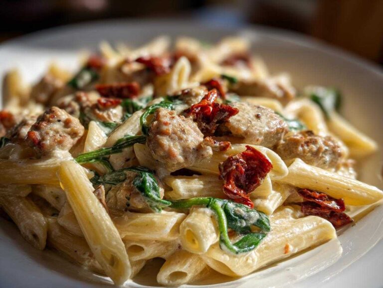 Close-up of creamy chicken sausage pasta featuring penne, chunks of sausage, spinach, and sun-dried tomatoes.