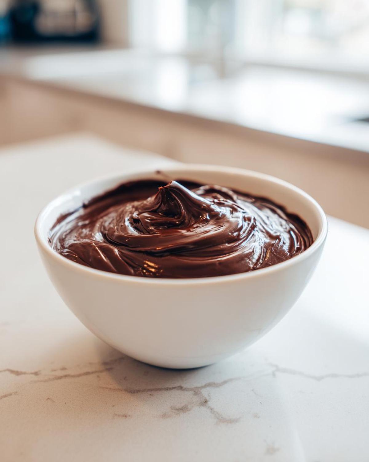 A close-up of rich, glossy chocolate dip swirled high in a white bowl on a light countertop.