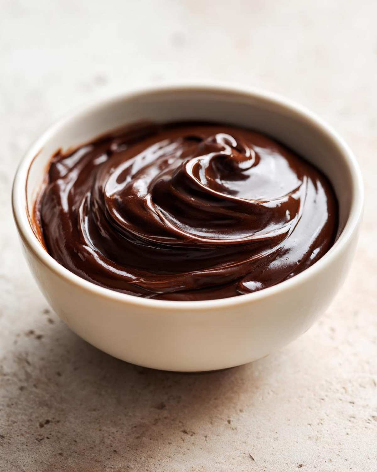 Close-up of rich, glossy chocolate dip swirled beautifully in a small white bowl.