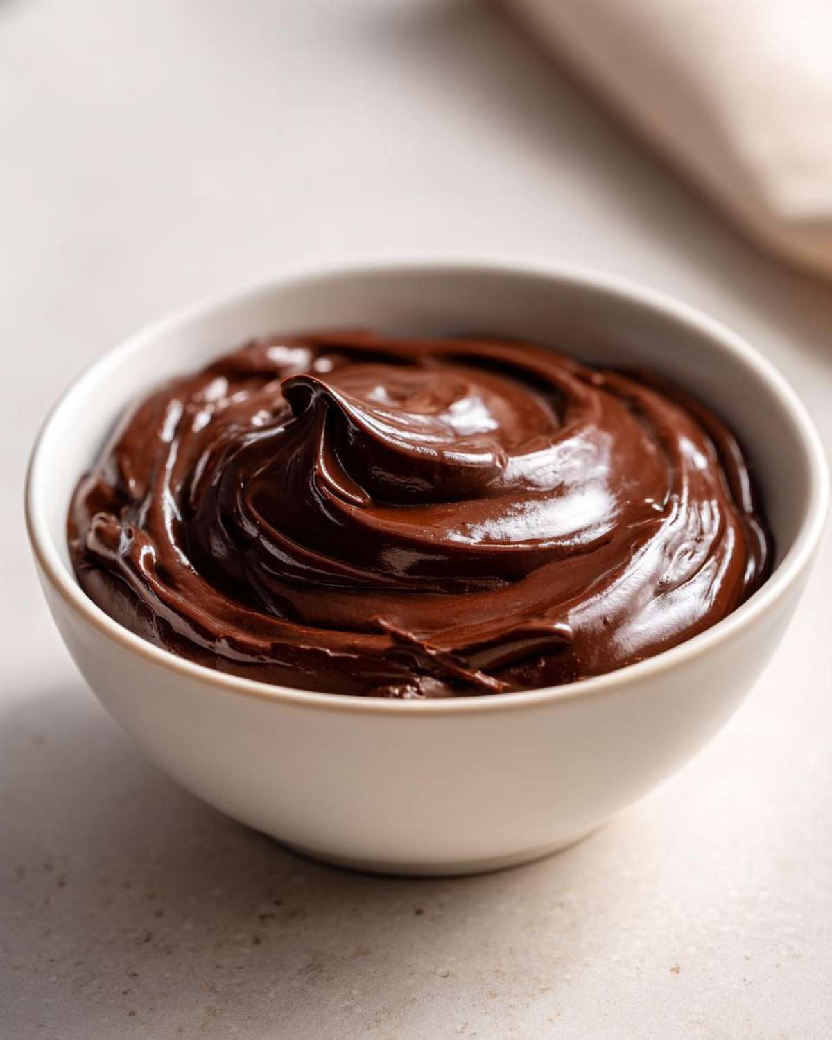 Close-up of rich, glossy chocolate dip swirled beautifully in a small white bowl.