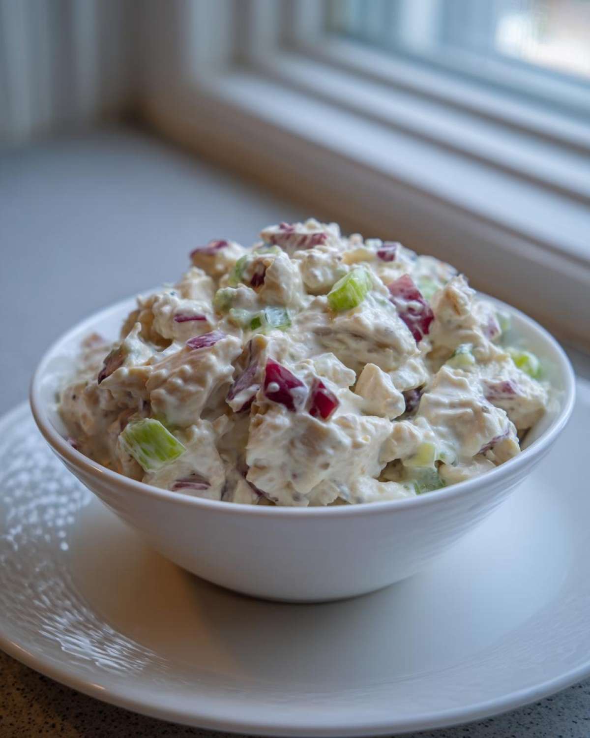 A white bowl filled with creamy cottage cheese chicken salad mixed with red onion and celery.