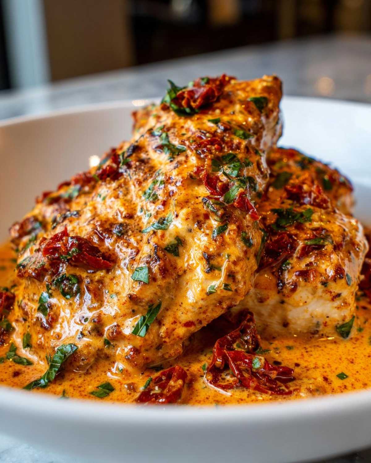 Close-up of creamy crockpot marry me chicken breasts covered in rich sauce, sun-dried tomatoes, and parsley.