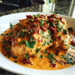 Close-up of creamy crockpot marry me chicken breasts topped with sun-dried tomatoes and fresh parsley.