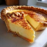 A close-up of a slice of creamy custard pie, dusted with cinnamon, next to the rest of the pie.