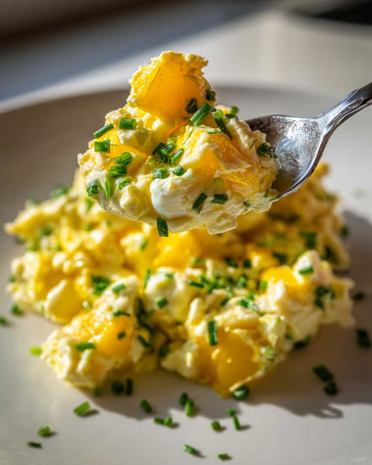 A spoonful of creamy egg salad recipe, topped with fresh green chives, lifted above a plate of more salad.