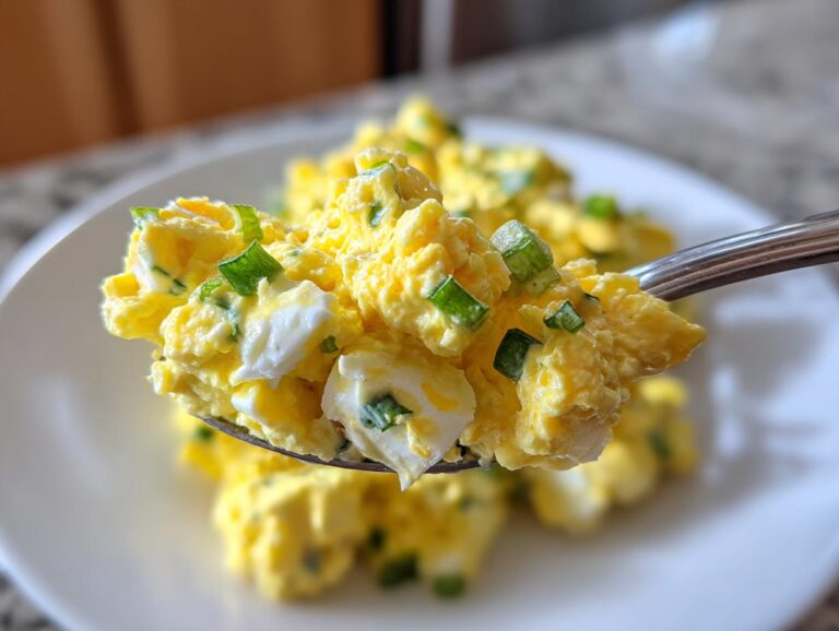 Amazing egg salad recipe: 6 creamy scoops Close-up of a spoonful of creamy egg salad recipe garnished with chopped green onions.