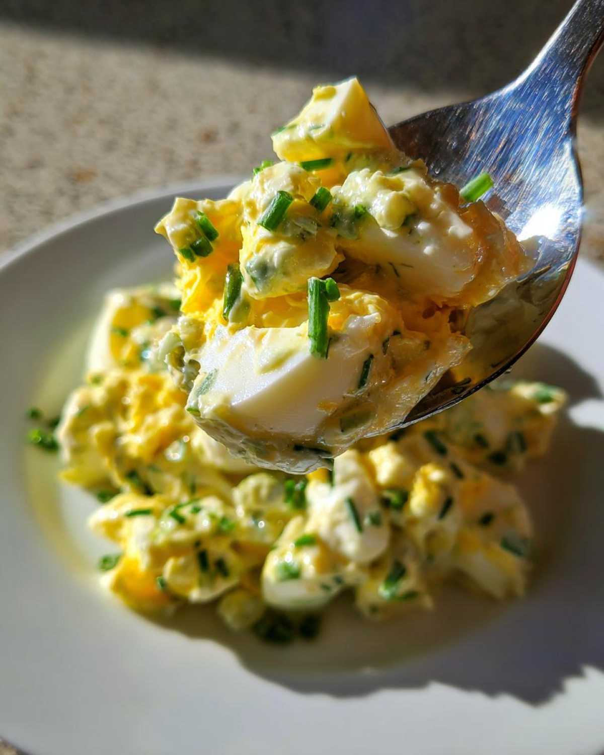 A spoonful of creamy egg salad recipe, mixed with mayonnaise and topped with fresh chopped chives, lifted above a white plate.