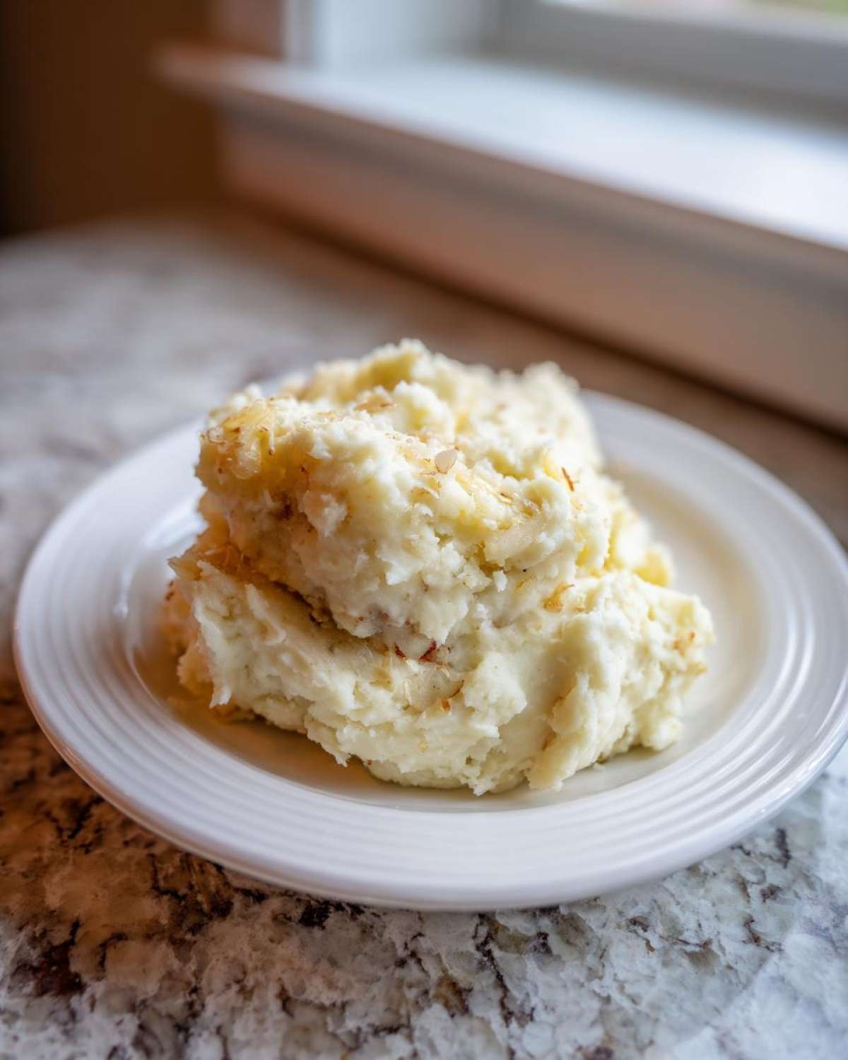A generous serving of creamy garlic mashed potatoes topped with browned bits, resting on a white plate.