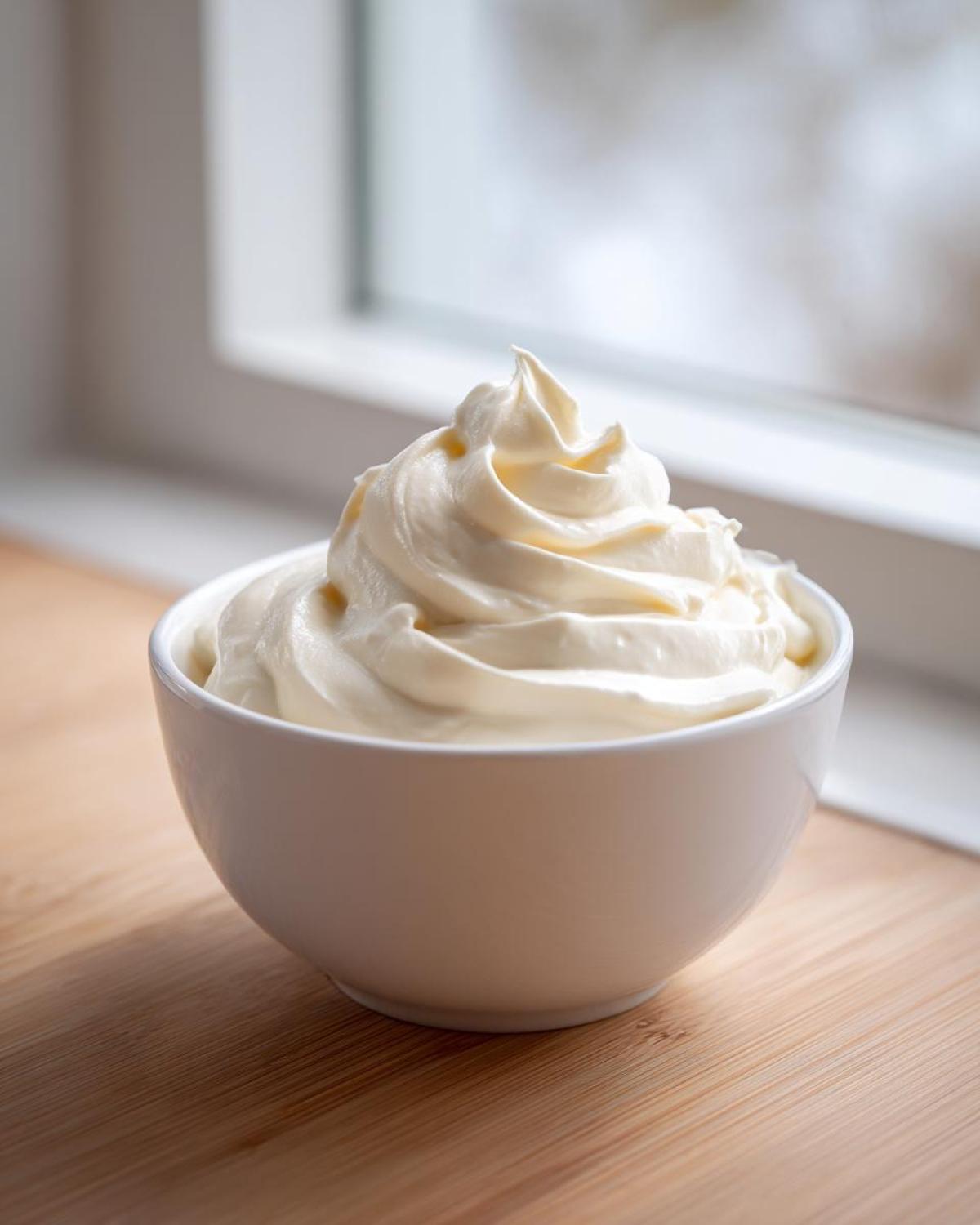 A white bowl filled with freshly made, creamy homemade mayonnaise, swirled high.