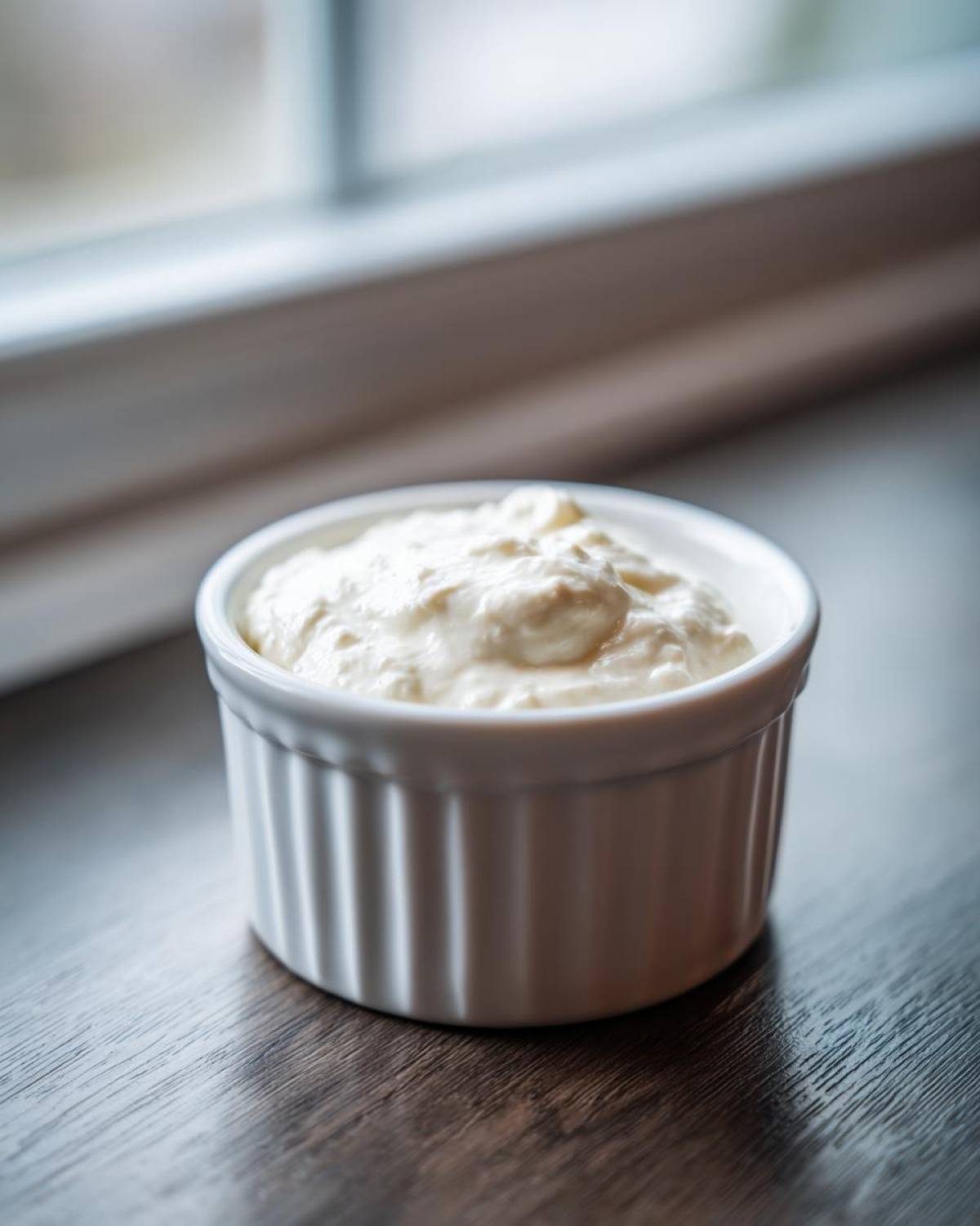 A small white ramekin filled with creamy, white horseradish sauce, set on a dark wooden surface near a window.