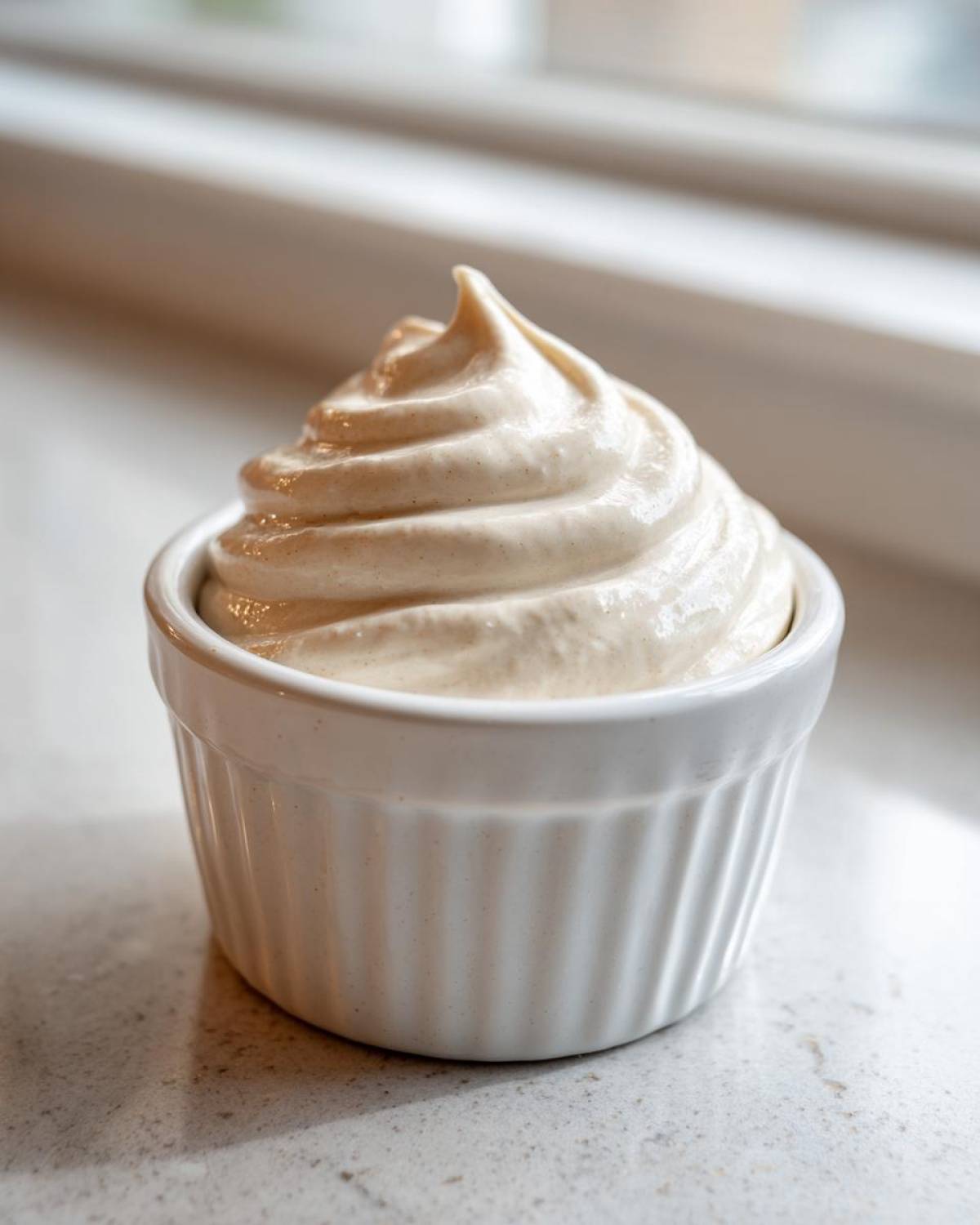 A perfectly piped swirl of creamy horseradish sauce in a small white fluted ramekin.