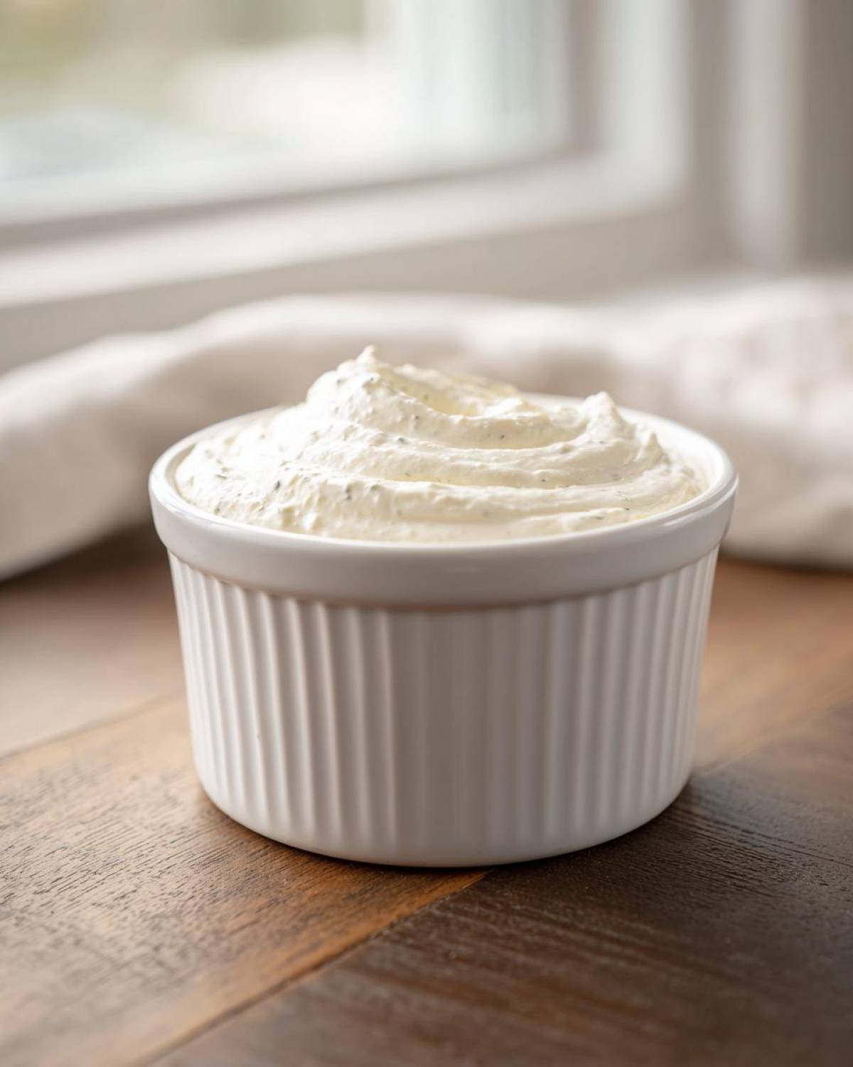 A small white ramekin filled with creamy, swirled horseradish sauce, set on a dark wood surface.