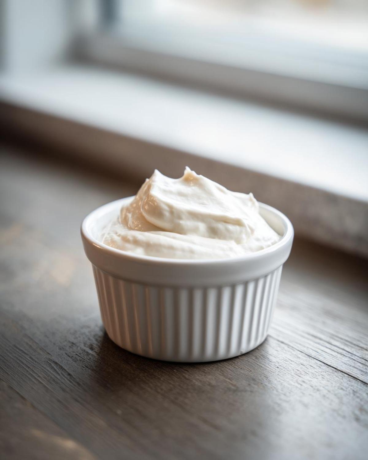 A small white ramekin filled with thick, creamy horseradish sauce, sitting on a dark wooden surface.