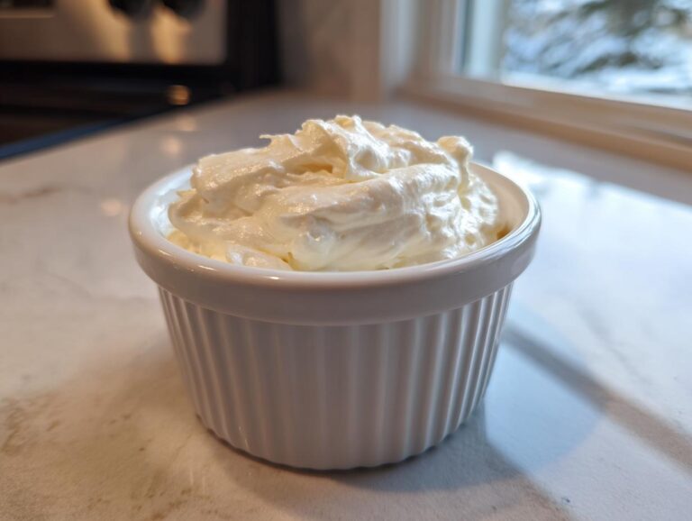 A small white ramekin filled high with fluffy, white creamy horseradish sauce, set on a light countertop.