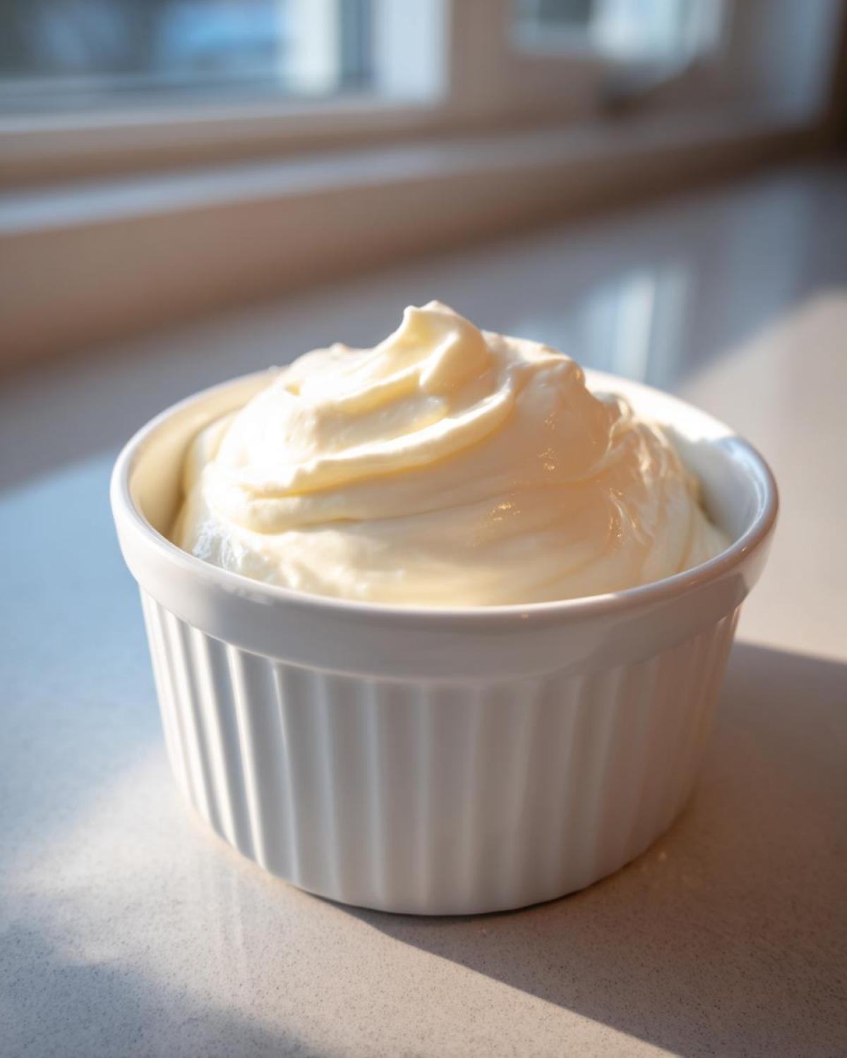 A close-up of thick, creamy horseradish sauce swirled high in a white ramekin, set near a window.
