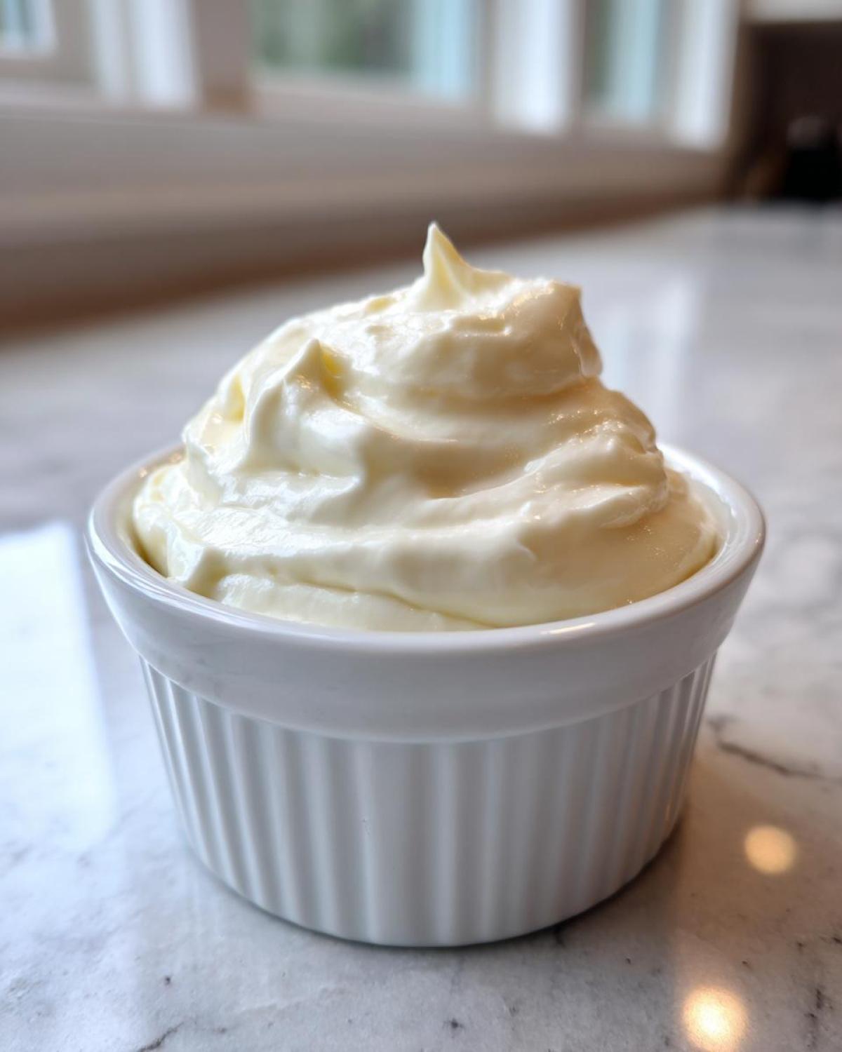A close-up of thick, perfectly whipped creamy horseradish sauce mounded high in a small white ramekin.