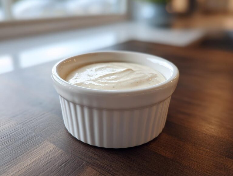A small white ramekin filled with creamy, pale horseradish sauce sitting on a dark wooden table.