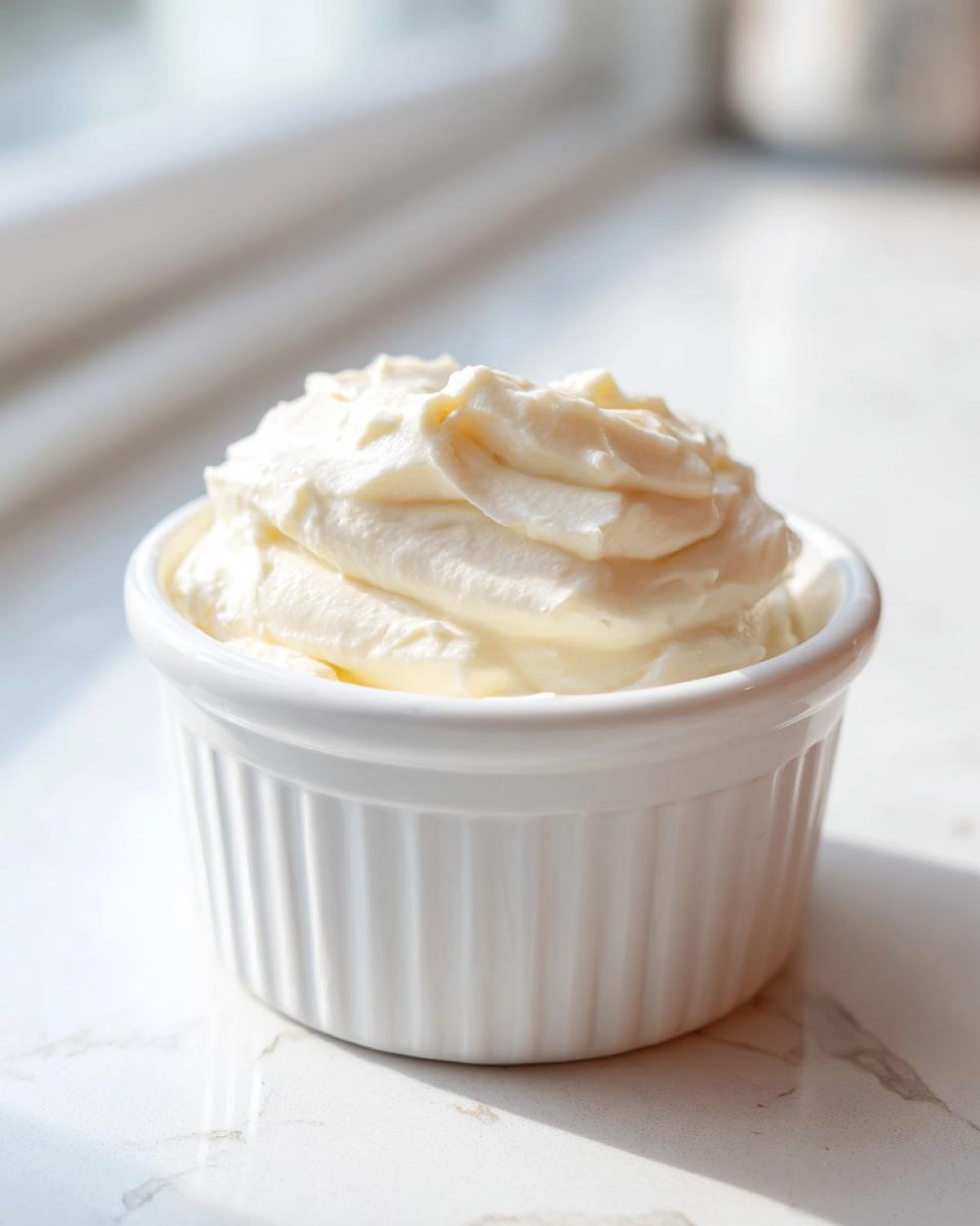 A small white ramekin filled with perfectly piped, light, creamy horseradish sauce, sitting on a bright marble counter.