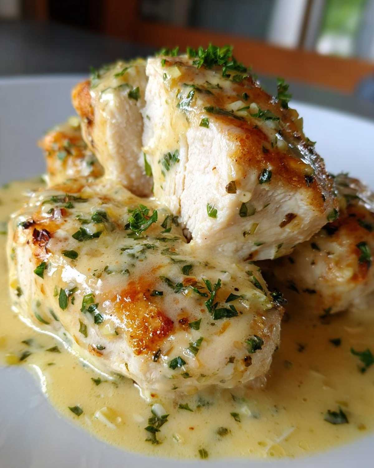 Close-up of pan-seared chicken breasts smothered in a rich, creamy lemon sauce dotted with fresh parsley.