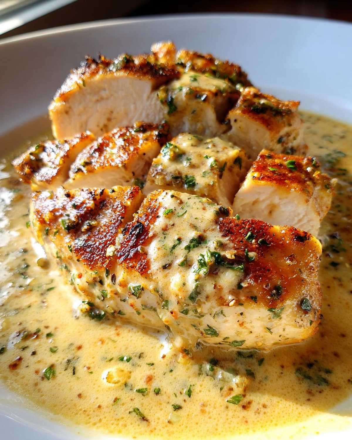Close-up of sliced, pan-seared chicken breast covered in a rich, creamy lemon chicken sauce speckled with herbs.