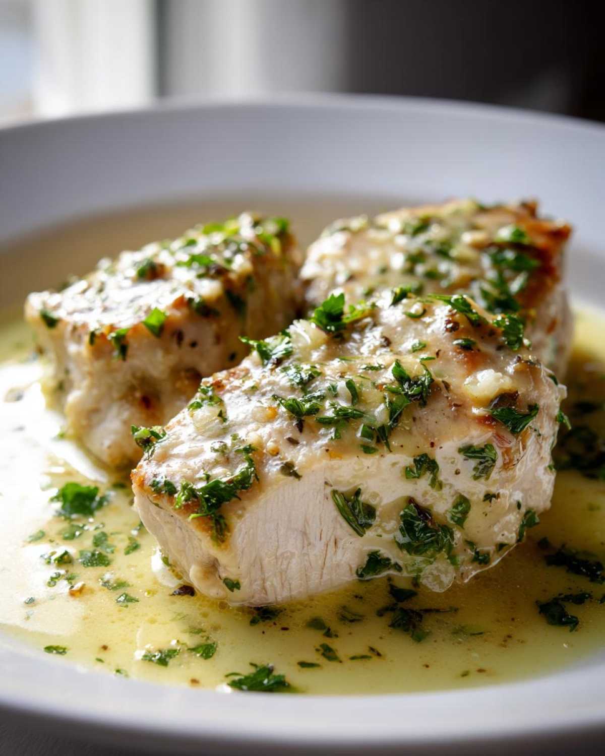 Three thick slices of juicy creamy lemon chicken smothered in a bright lemon sauce and topped with fresh chopped parsley.