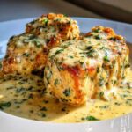 Two golden-brown chicken breasts smothered in a rich, creamy lemon sauce speckled with fresh green herbs.