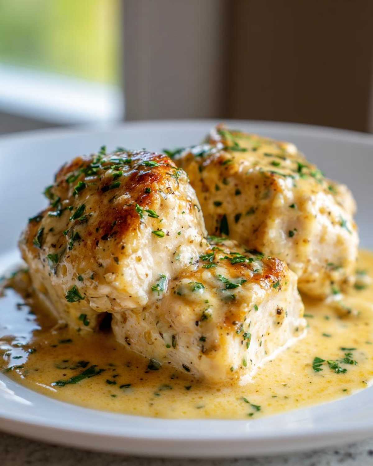 Three pieces of seared chicken breast smothered in a rich, creamy lemon sauce and topped with fresh parsley.