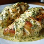 Two perfectly seared chicken breasts smothered in a rich, creamy lemon chicken sauce filled with fresh green herbs.