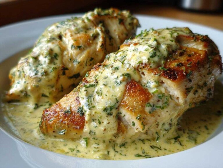 Two perfectly seared chicken breasts smothered in a rich, creamy lemon chicken sauce filled with fresh green herbs.