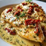 Close-up of a perfectly cooked chicken breast smothered in creamy sauce, sun-dried tomatoes, and herbs, representing Marry Me Chicken.