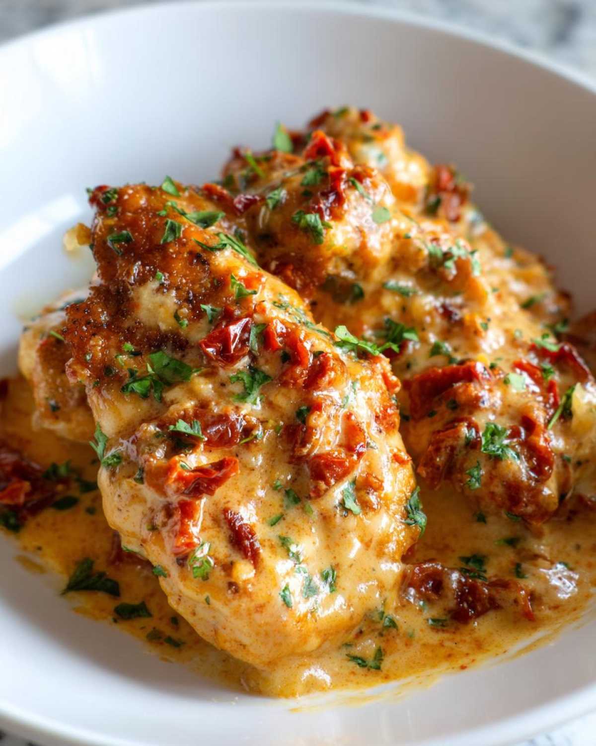 Two pieces of seared chicken breasts smothered in a creamy sauce with sun-dried tomatoes, known as Marry Me Chicken.