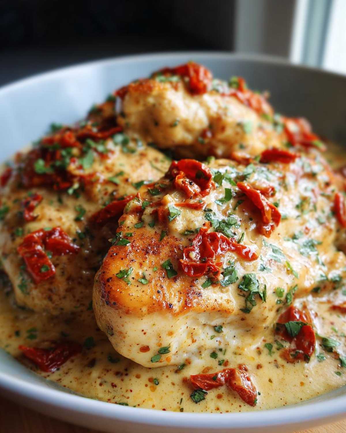 Close-up of golden-brown Marry Me Chicken breasts smothered in a creamy sauce with sun-dried tomatoes and fresh parsley.