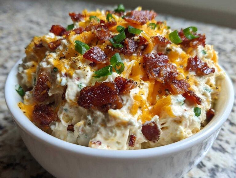 A close-up of creamy Million Dollar Dip topped generously with shredded cheddar cheese, crispy bacon bits, and green onions.