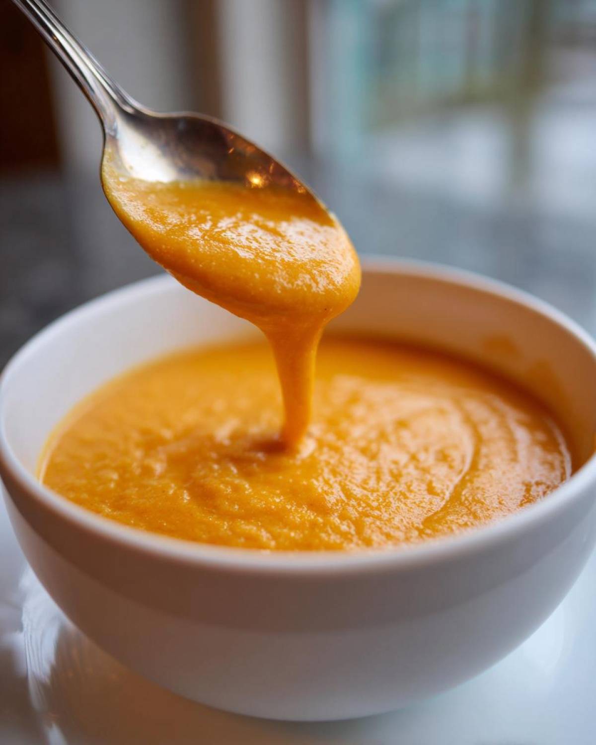 A spoonful of thick, creamy orange cheese soup is lifted from a white bowl.