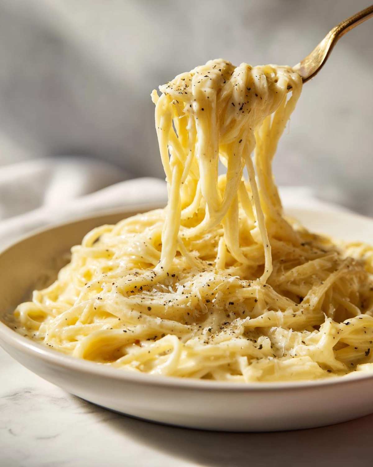 A fork lifting creamy pasta coated in rich Olive Garden Alfredo Sauce, topped with black pepper.
