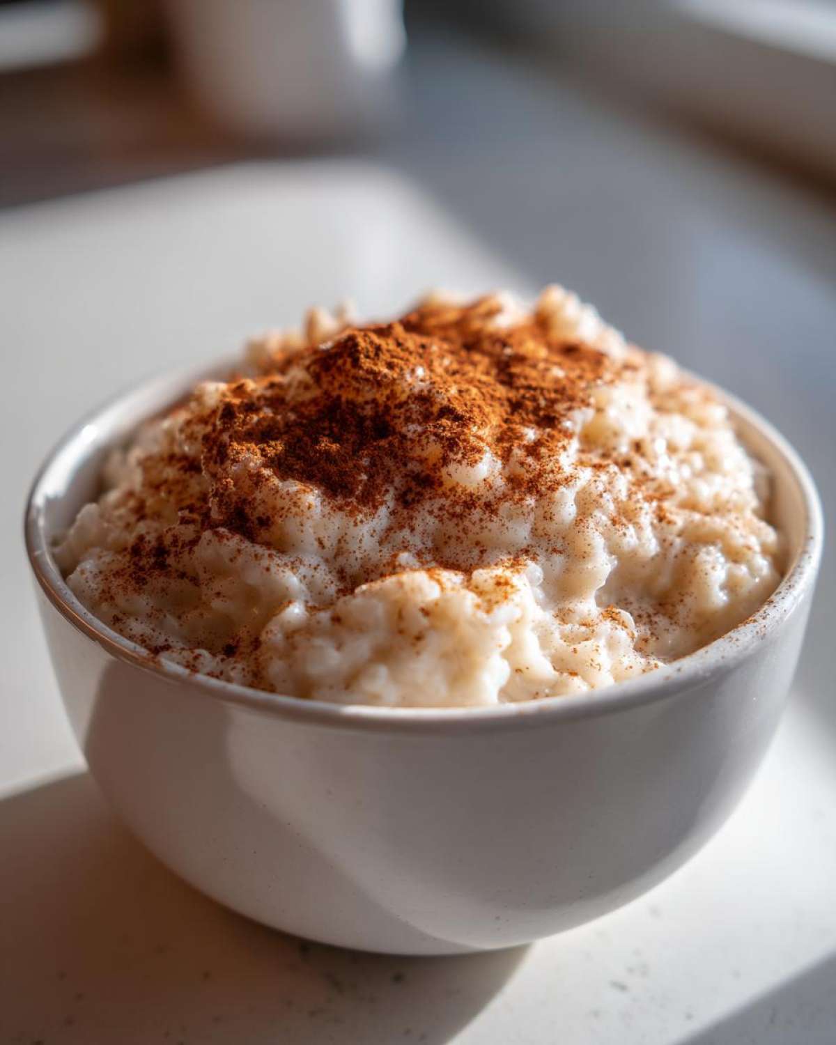 A close-up of a creamy rice pudding recipe served in a white bowl, generously dusted with cinnamon powder.