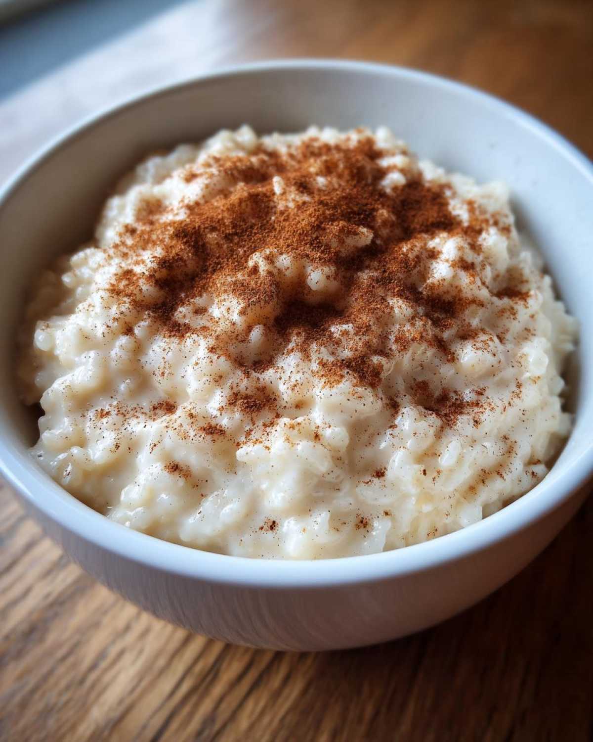 Close-up of creamy rice pudding served in a white bowl, generously sprinkled with ground cinnamon.