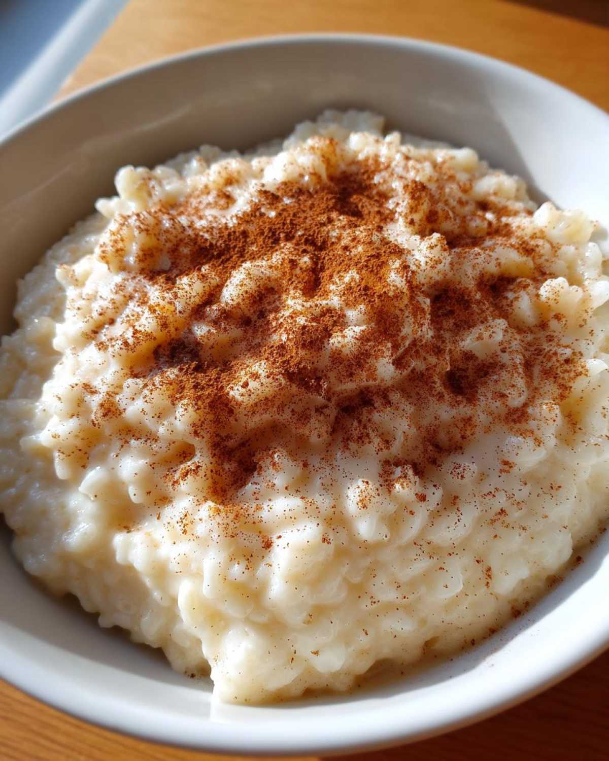 Close-up of creamy rice pudding generously sprinkled with ground cinnamon in a white bowl.